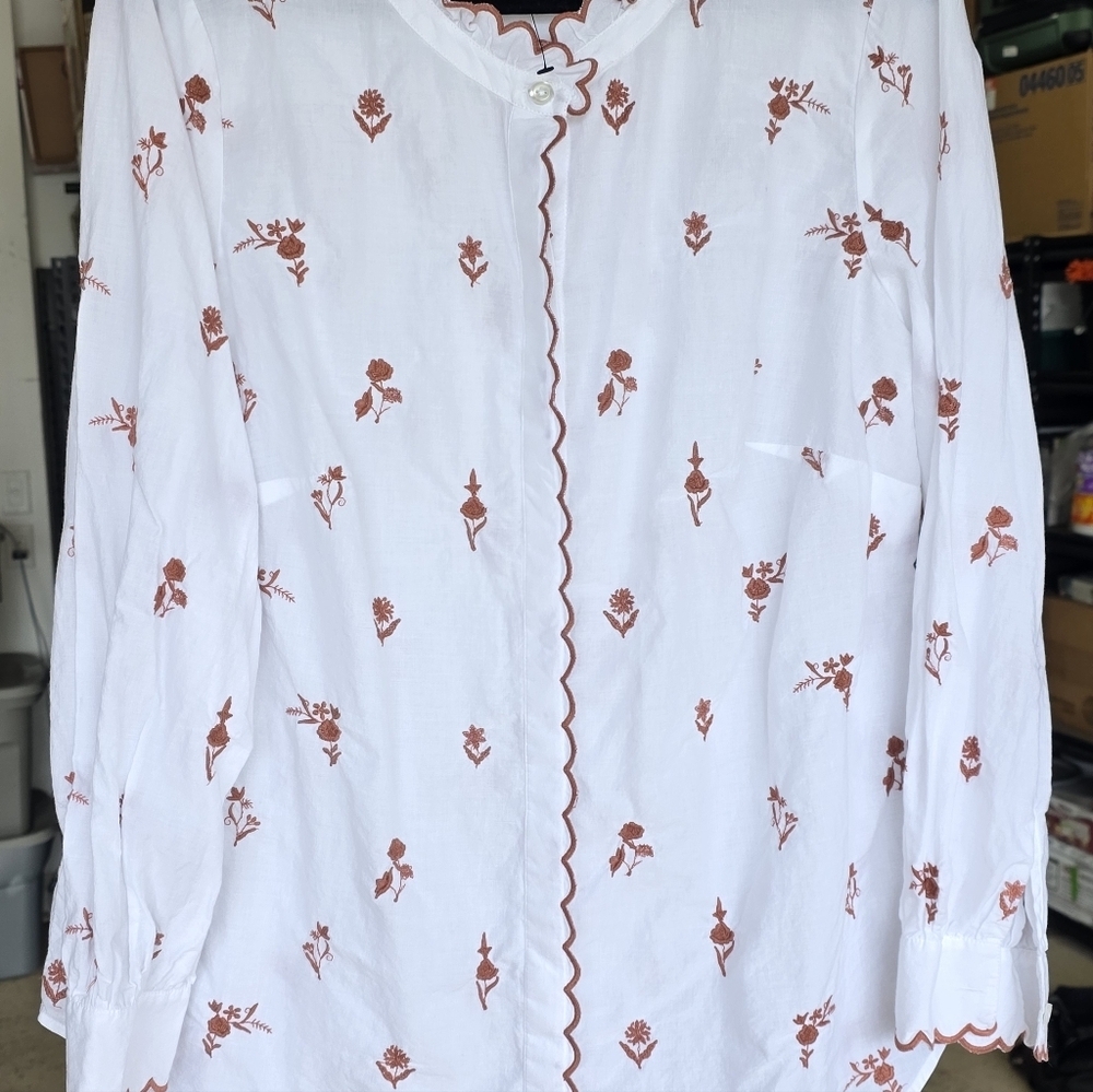 Talbots Floral Scallop Trim Brown Embroidered White Blouse 1X Chest 23" - Picture 4 of 7